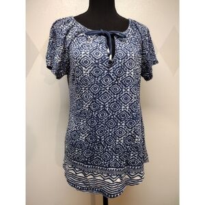 Lucky Brand boho blue and white short sleeve shirt with neck strings